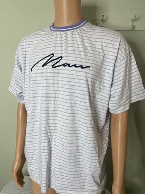 White Tee with Lavender Stripes and Navy Script Logo